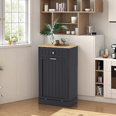 10 Gallon Tilt-Out Trash Cabinet, Wooden Freestanding Kitchen Waste Bin with Hideaway Drawer, Pet-Proof Recycling Storage for Living Room/Kitchen