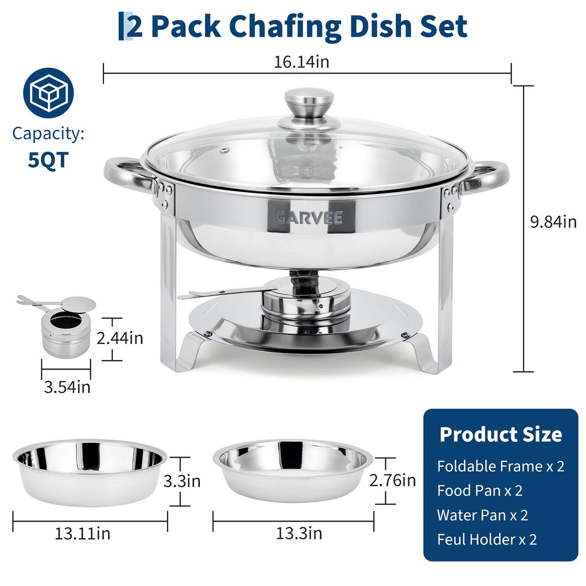 5 QT Round Chafing Dishes for Buffet, Stainless Steel Food Warmer Set with Glass Lid, Food & Water Pans, Fuel Holder for Weddings Parties Catering - thumbnail 4