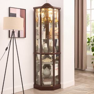 Glass and Wood Lighted Corner Curio Display Cabinet with Glass Doors, Carved Decoration, Adjustable Shelves - 1 of 4