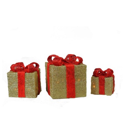 Northlight Set of 3 Gold and Red Lighted Gift Boxes Outdoor Christmas Decorations 10"