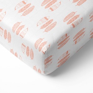 Bacati - Olivia Coral Feathers Muslin 100 percent Cotton Universal Baby US Standard Crib or Toddler Bed Fitted Sheet - 1 of 4