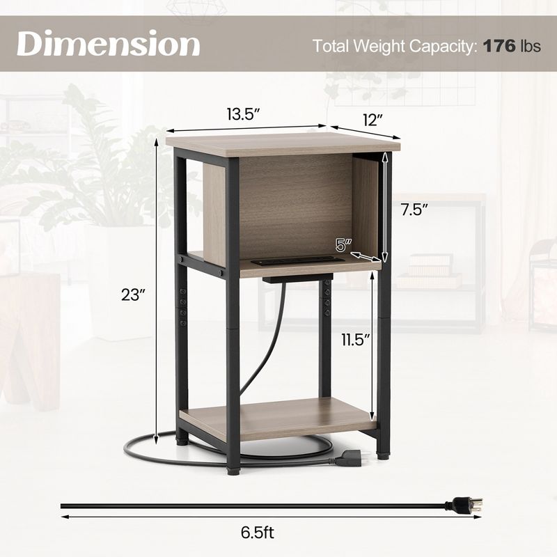 Costway 1/2 PCS Nightstand 3-Tier End Table with Charging Station USB Ports & Power Outlets Grey & Black, 3 of 10