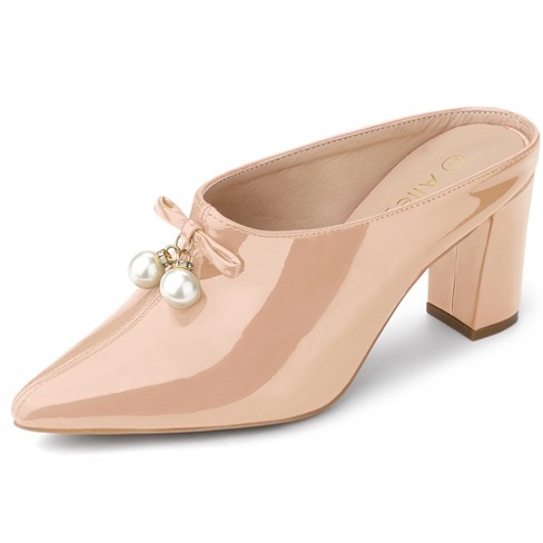 Allegra K Women's Pointed Toe Pearl Bow Chunky Heel Slides Mules Nude 8