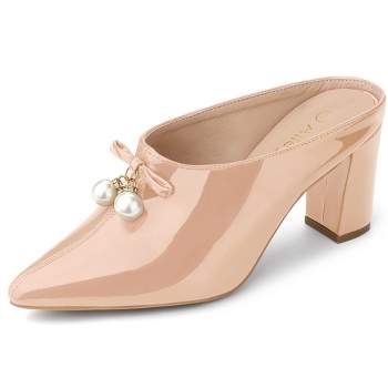 Allegra K Women's Pointed Toe Pearl Bow Chunky Heel Slides Mules