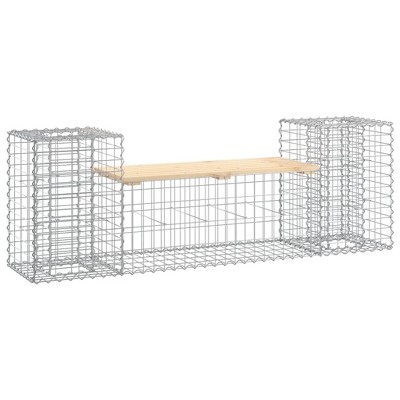 vidaXL Solid Wood Pine Garden Bench with Gabion Design, Galvanised Steel Base, and Attached Planter Boxes - Compact and Versatile for Outdoor