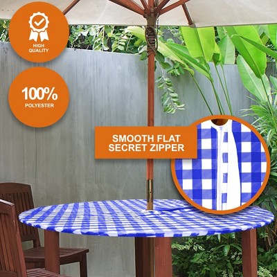 Blue Checkered Vinyl Round Fitted Tablecloth with Umbrella Hole