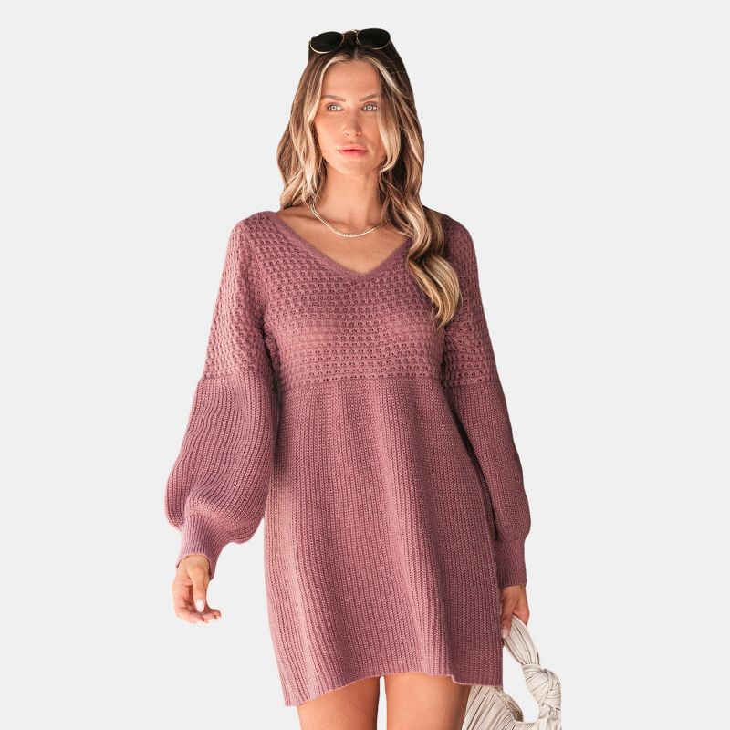 Women's Honeycomb Knit V-Neck Mini Sweater Dress - Cupshe, 1 of 9