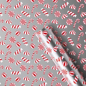 30” 25 sq ft Christmas Roll Wrap Red/White Candy on Silver - Wondershop™ - 1 of 3