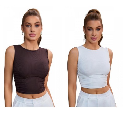 INSPIRE CHIC 2 Packs Women's Sleeveless Ribbed Waist-Cinched Workout Tank Top with Dual Side Pleats