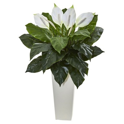 Nearly Natural 3-ft Spathiphyllum Artificial Plant in White Tower Planter