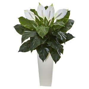 Nearly Natural 3-ft Spathiphyllum Artificial Plant in White Tower Planter - 1 of 1