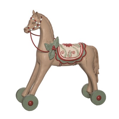 Transpac Resin 14 in. Tan Christmas Retro Wheeled Horse Decor