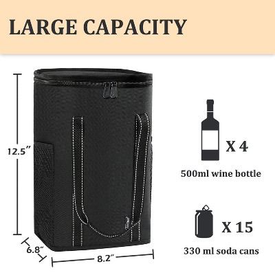 Black Insulated 4 Bottle Wine Carry Cooler Tote Bag with Removable Divider