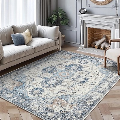 4x6 blue traditional indoor thin carpet, vintage distressed non-slip decoration, suitable for living room, bedroom and kitchen
