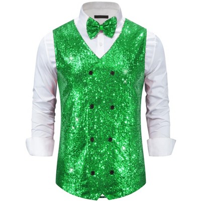 Lars Amadeus Men's V-Neck Slim Fit Double-Breasted Party Disco Prom Nightclub Sleeveless Sequin Vest