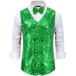 Lars Amadeus Men's V-Neck Slim Fit Double-Breasted Party Disco Prom Nightclub Sleeveless Sequin Vest - 1 of 4