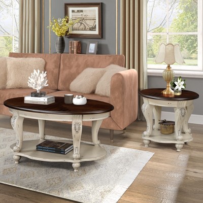 TOAOTBNBO Round Coffee Tables with Shelf, Vintage Sofa Table with Cabriole Legs, Mid-century Center Table for Living Room, Beige