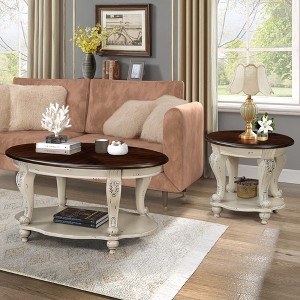 TOAOTBNBO Round Coffee Tables with Shelf, Vintage Sofa Table with Cabriole Legs, Mid-century Center Table for Living Room, Beige - 1 of 4