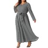 Agnes Orinda Women's Plus Size Houndstooth Split Neck Long Sleeve Tie Waist Maxi A-Line Dresses - 2 of 4