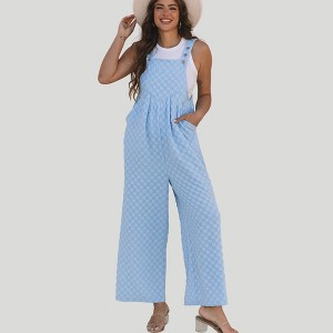 Amaryllis Women’s Checker Textured Wide Leg Overalls Adjustable Button Straps Front Bib Detail Relaxed Fit Jumpsuit - 1 of 4