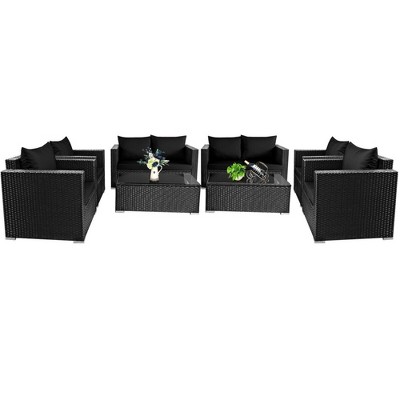 Tangkula 8PCS Rattan Patio Conversation Set Outdoor Furniture Set w/ Black Cushions