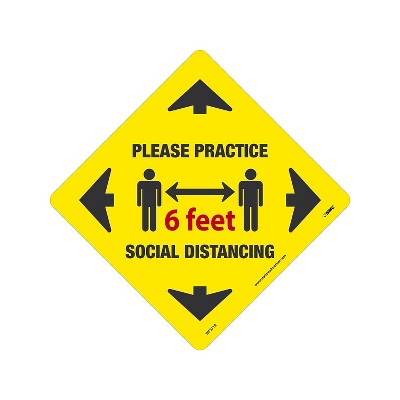 Photo 1 of National Marker Temp-Step Floor Decal ""Please Practice Social Distancing"" 12"" x 12"" Yellow