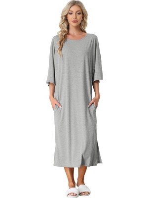 cheibear Women's Soft Three Quarter Sleeve Solid Slit Hem Pajama Dress