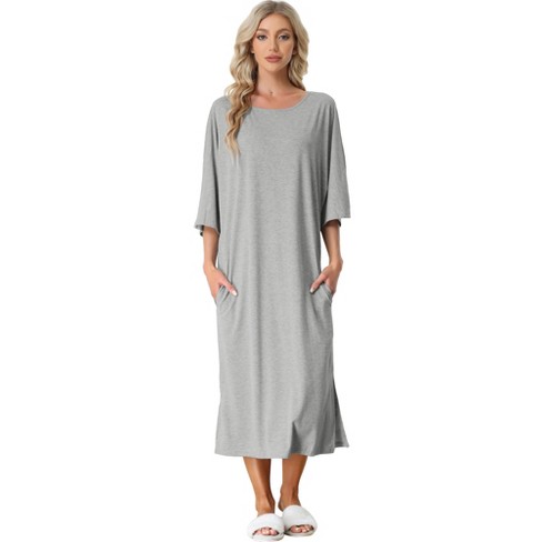 Cheibear Women's Soft Three Quarter Sleeve Solid Slit Hem Pajama Dress ...