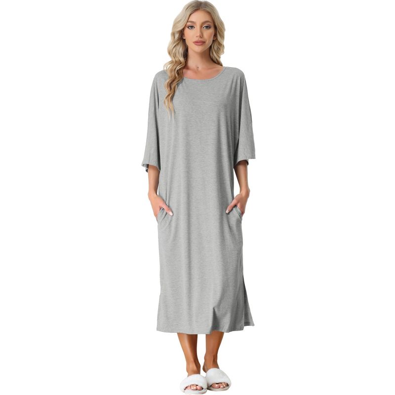cheibear Women's soft Three Quarter Sleeve Solid Slit Hem Pajama Dress, 1 of 6