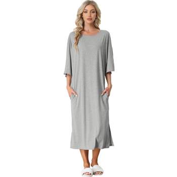cheibear Women's soft Three Quarter Sleeve Solid Slit Hem Pajama Dress