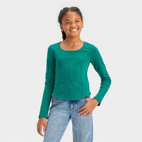 Girls' Long Sleeve Knit Corset Top - art class™ Green S