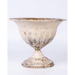 Rustic Shabby Chic Pedestal Planter ¨C Handmade Vintage Style Urn for Indoor Outdoor Decor, Distressed Cream & Gray Metal Flower - 1 of 1