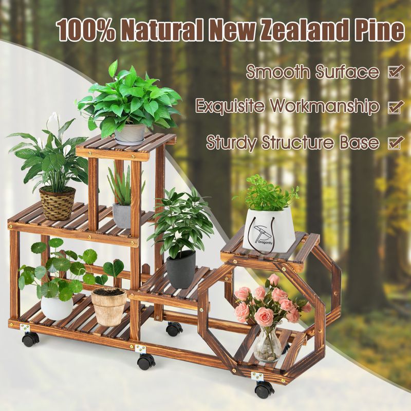Tangkula 6 Tier 8 Potted Plant Stand Rack 100% Pine Wood Flower Pot Holder Shelf Multi-Layer Flower Stand with Wheels, 4 of 10