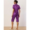 cheibear Women's Soft Satin Button Down with Capri Pants Lounge Pajama Set - 3 of 4