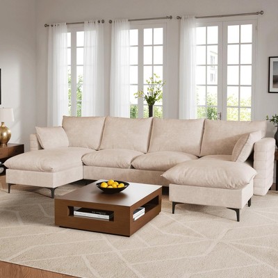 XIZZI 4-Piece Chenille Sofa Set with Large Chaise & Ottoman - Modern Sectional Sofa in White/Beige/Gray/Black, with Round/Square/Sloped Armrest