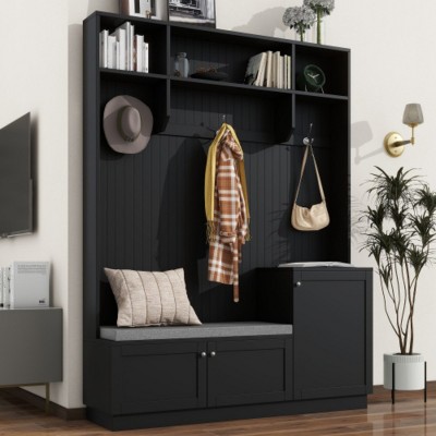 Elegant Hall Tree With Comfort And Storage Cabinet, Hallway Shoe Cabinet With Bench And Cushion, Modern Coat Rack With Hooks -Cuddlewood