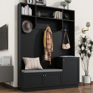 Elegant Hall Tree With Comfort And Storage Cabinet, Hallway Shoe Cabinet With Bench And Cushion, Modern Coat Rack With Hooks -Cuddlewood - 1 of 4