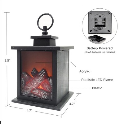 Tokyo Black Plastic LED Vintage Lantern Set with Fireplace Scene