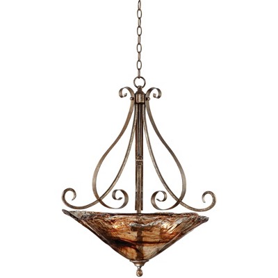 Franklin Iron Works Golden Bronze Silver Pendant Chandelier 24 3/4" Wide Scroll Amber Art Glass Bowl Fixture Dining Room House