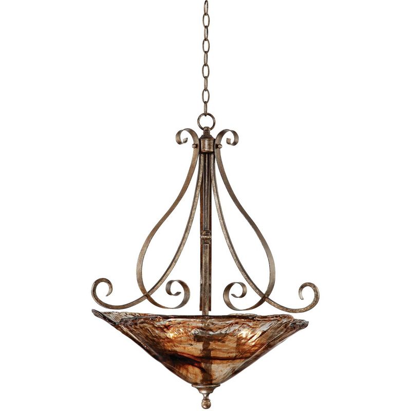 Franklin Iron Works Amber Scroll Golden Bronze Pendant Chandelier 24 3/4" Wide Rustic Art Glass Bowl 3-Light Fixture for Dining Room Kitchen Island, 1 of 8