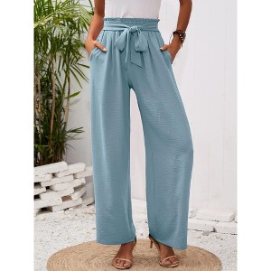 Women's High Waist Wide Leg Pants Side Pockets Elastic Waist Trousers with Belt - 1 of 4