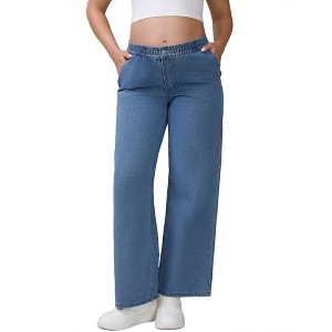 INSPIRE CHIC Women's Maternity Jeans Elastic Waist Wide Leg Long Loose Pregnancy Denim Pants with Pockets - 1 of 4