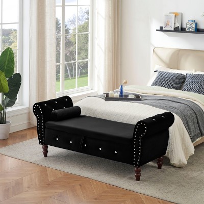 CAVINAS 63.38" Velvet Storage Ottoman Bench with Crystal Buttons,Multifunctional Storage Rectangular Bench,Footstool for Bedroom,Living Room