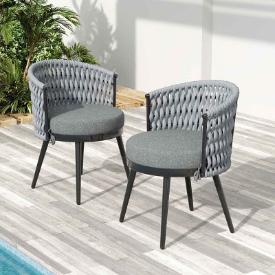 Set of 2 Outdoor Dining Chairs, Dining Chair with Handwoven Rope and Ergonomic Backrest, Chair with Metal Frame and Cushion-Coolbibila