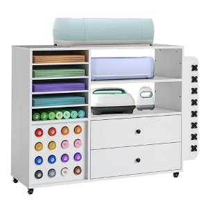 EcoSummer Craft Cart Organization & Storage Cabinet with 2 Drawers & 24 Vinyl Roll Holders, Mobile Craft Stand Compatible with Cricut Machines, White - 1 of 4