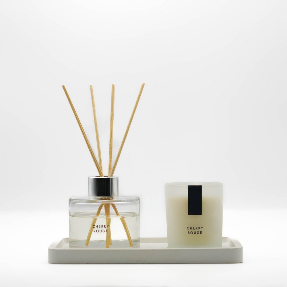 Landon Tyler Cloakroom Gift Set with Cherry Rouge Candle Diffuser and Decorative Tray
