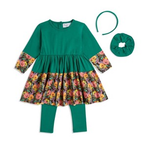 The Pink Picket Fence Louise Twirl Dress Set – Green Dress, Cotton Leggings, Scrunchie & Headband - 1 of 4