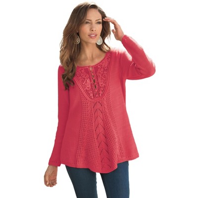 Roaman's Women's Plus Size Lace Yoke Pullover - 1x, Antique Strawberry ...