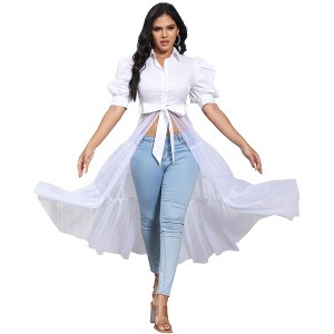 Clearlove Womens Mesh See Through Shirts Puff Sleeve Long Dresses Belt V Neck Button Down Flowy Ruffled Casual Club Party Outfit - 1 of 4