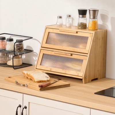 VEVOR Double Layer Bread Box for Kitchen Counter, Large Capacity Bamboo Bread Storage Container, Farmhouse Wooden Breadbox, Natural — фото 2
